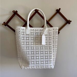 White Laser-Cut Tory Burch Tote Bag